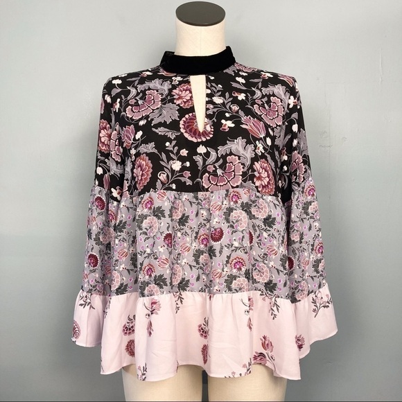 loft Tiered Mixed Floral Print Bell Sleeve Top - Picture 2 of 12